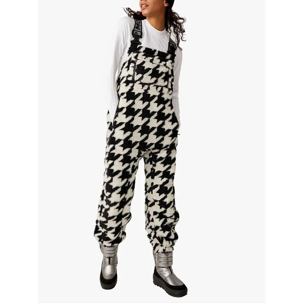 NWOT Free People Movement Hit the Slopes Houndstooth Salopette Fleece One Piece